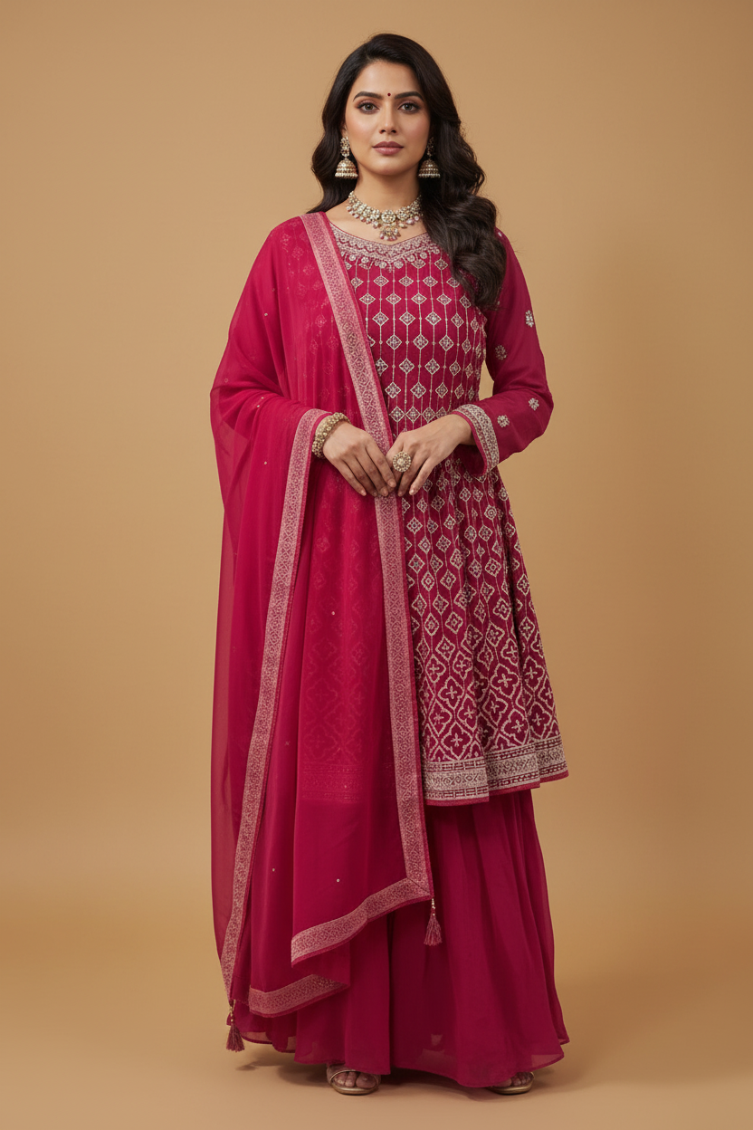 Magenta Pink Georgette Sharara Set with Embroidery
