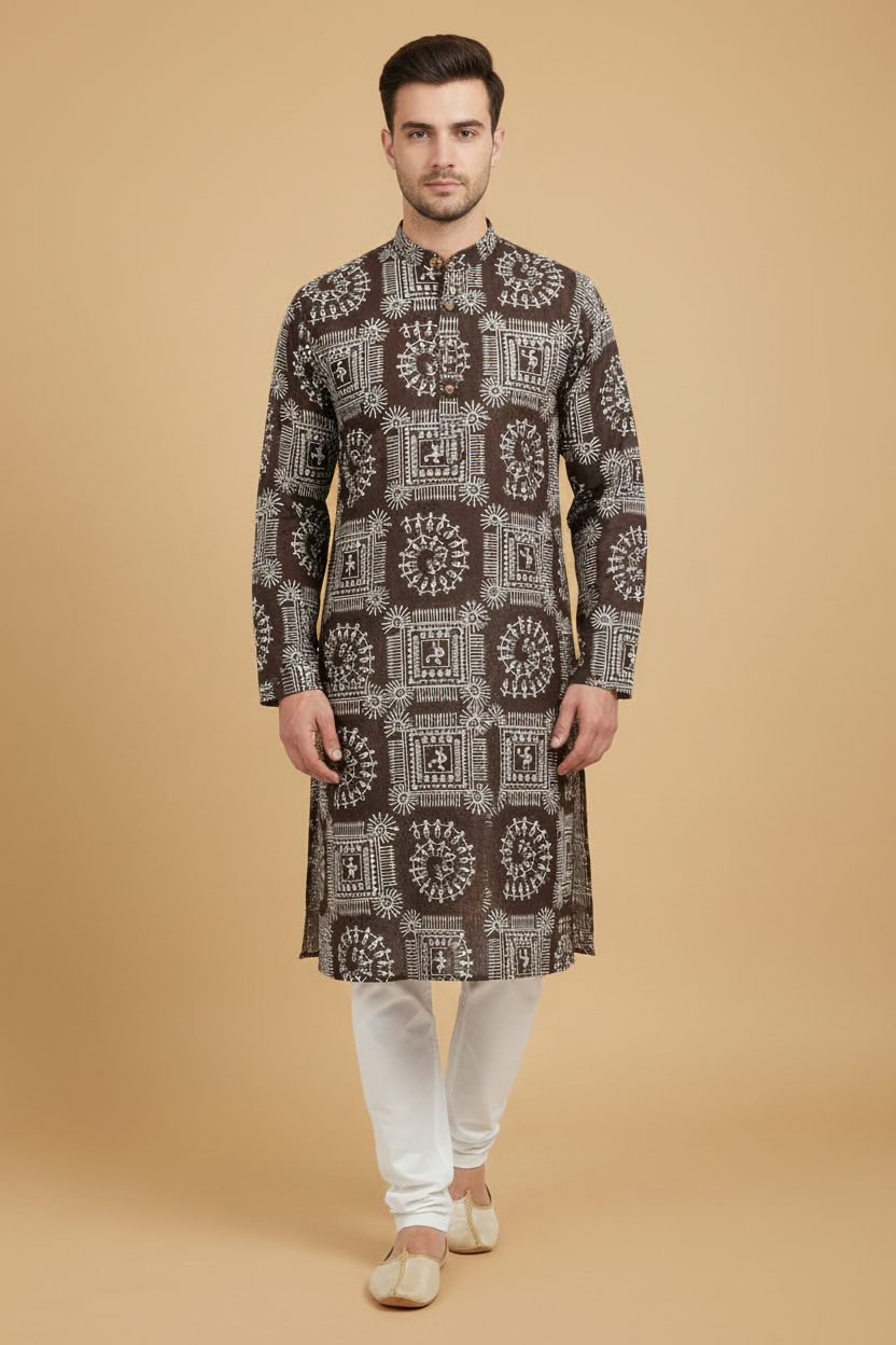 Men's Dark Brown Warli Print Cotton Kurta Pant Set