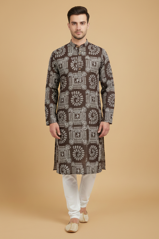 Men's Dark Brown Warli Print Cotton Kurta Pant Set