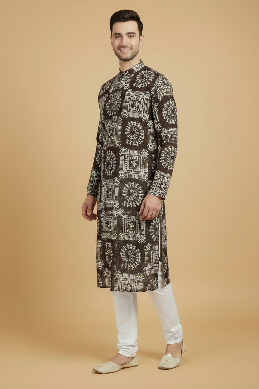 Men's Dark Brown Warli Print Cotton Kurta Pant Set