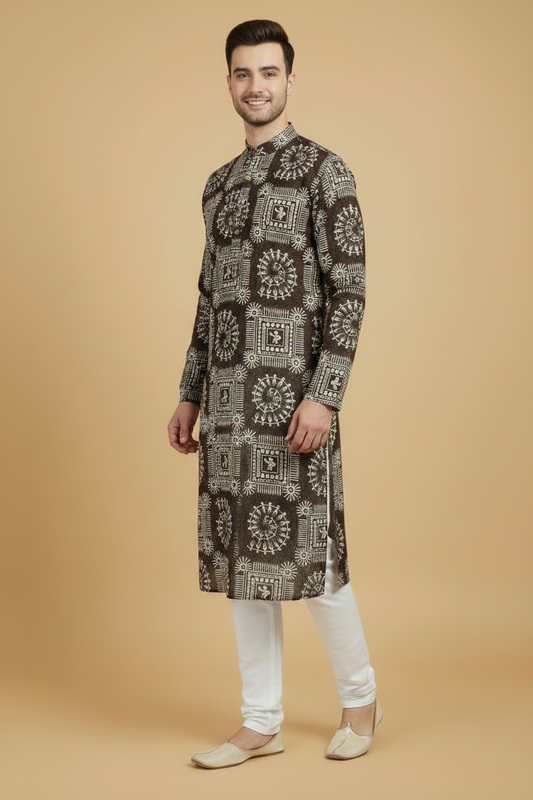 Men's Dark Brown Warli Print Cotton Kurta Pant Set