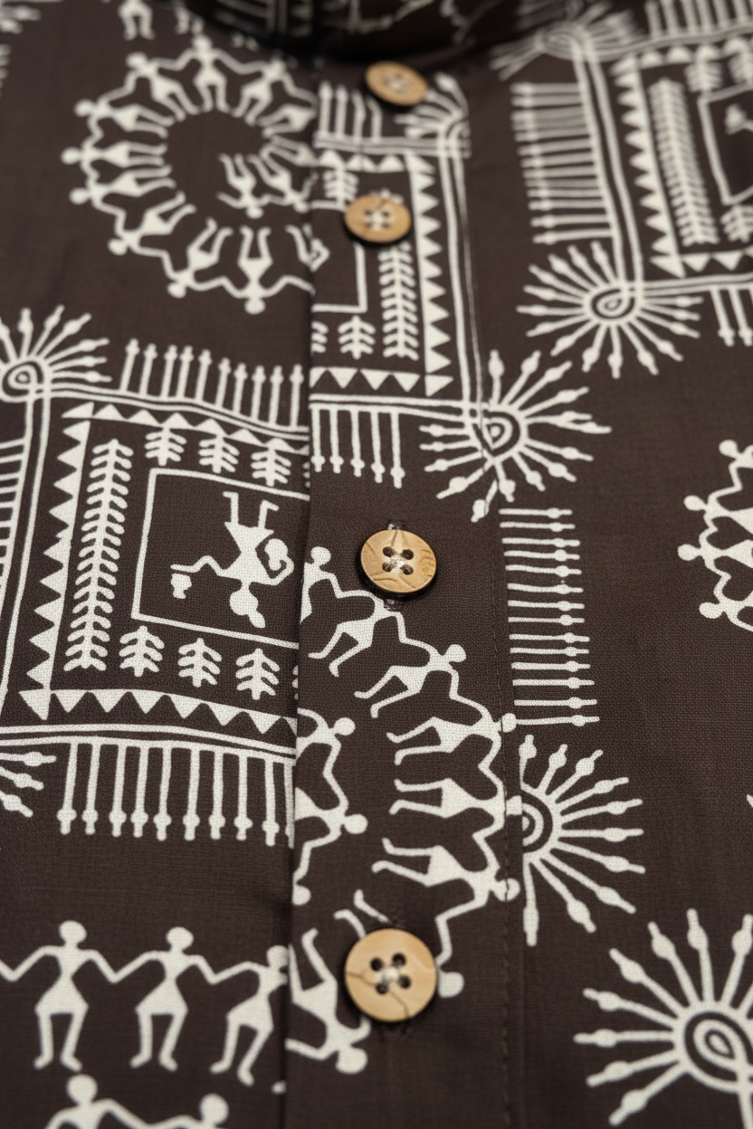 Men's Dark Brown Warli Print Cotton Kurta Pant Set