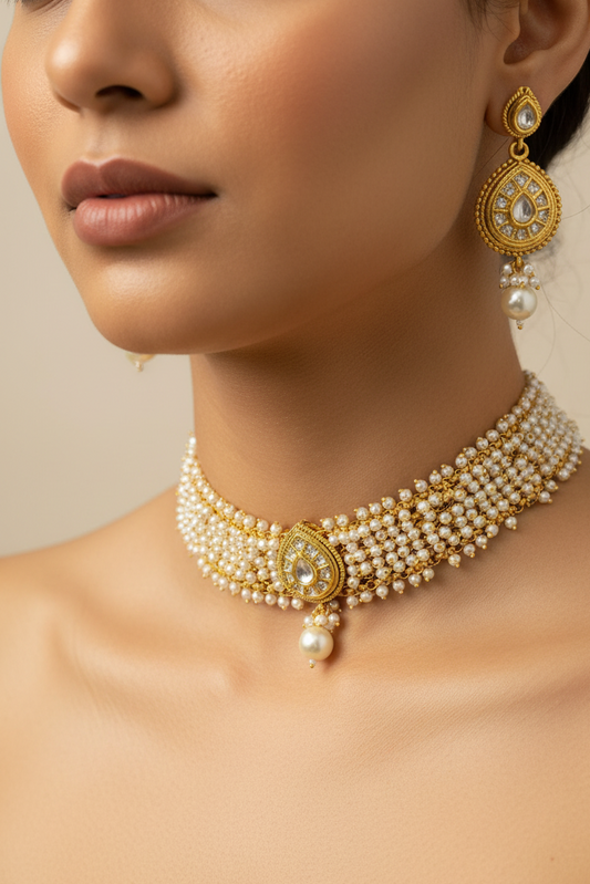 White Beads Kundan Choker Necklace & Earrings Set
