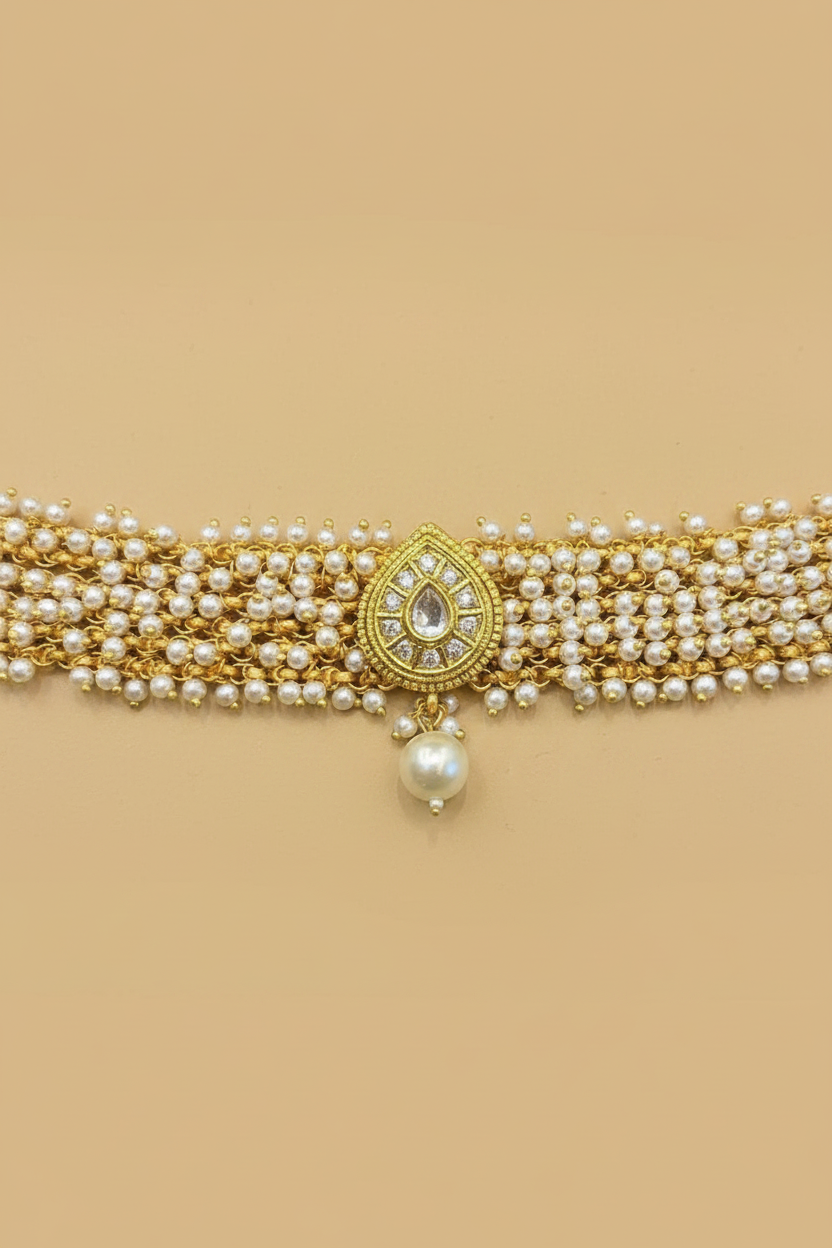 White Beads Kundan Choker Necklace & Earrings Set