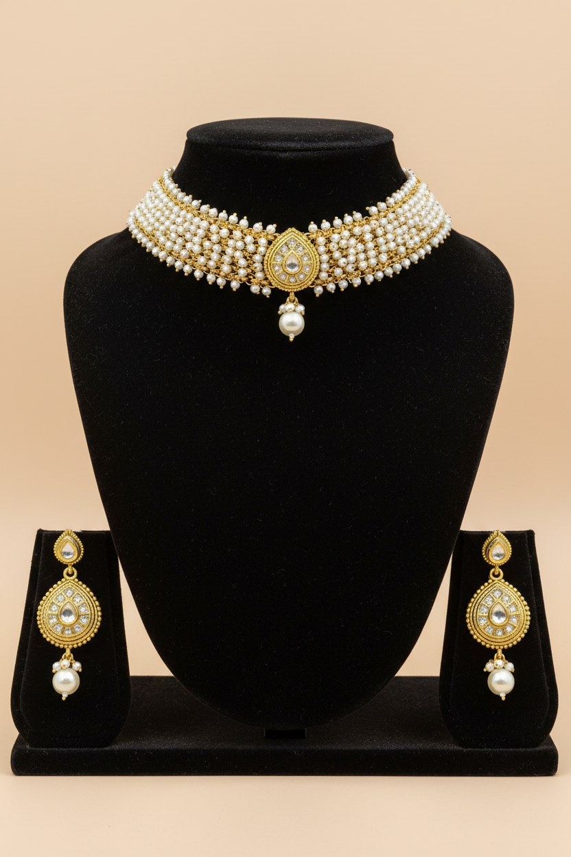 White Beads Kundan Choker Necklace & Earrings Set