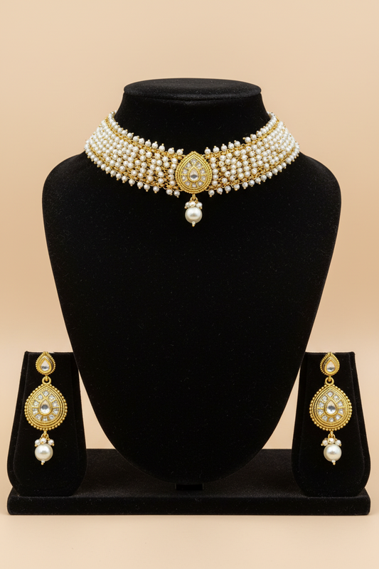 White Beads Kundan Choker Necklace & Earrings Set