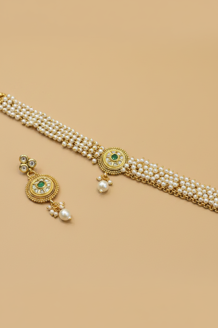 Green Stone Kundan Beads Choker Necklace & Earrings Set