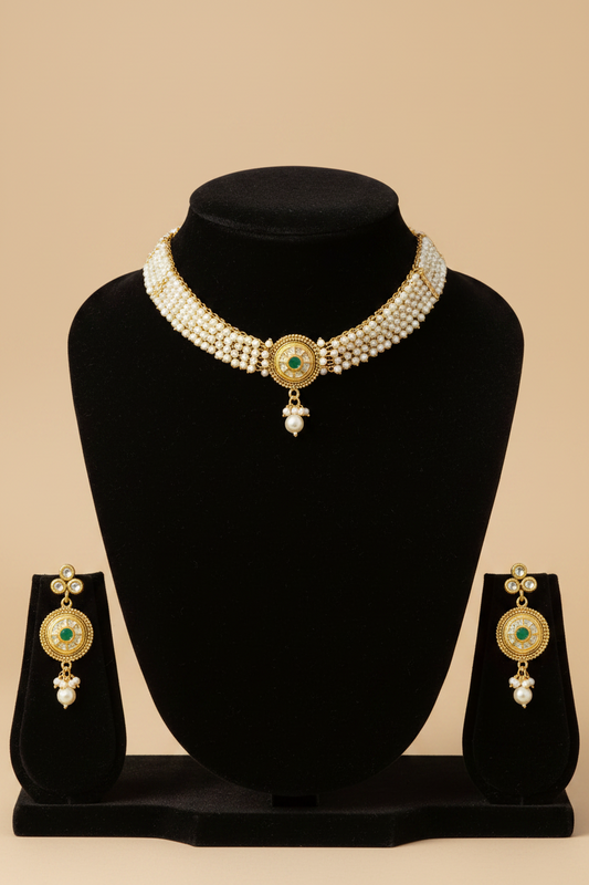 Green Stone Kundan Beads Choker Necklace & Earrings Set