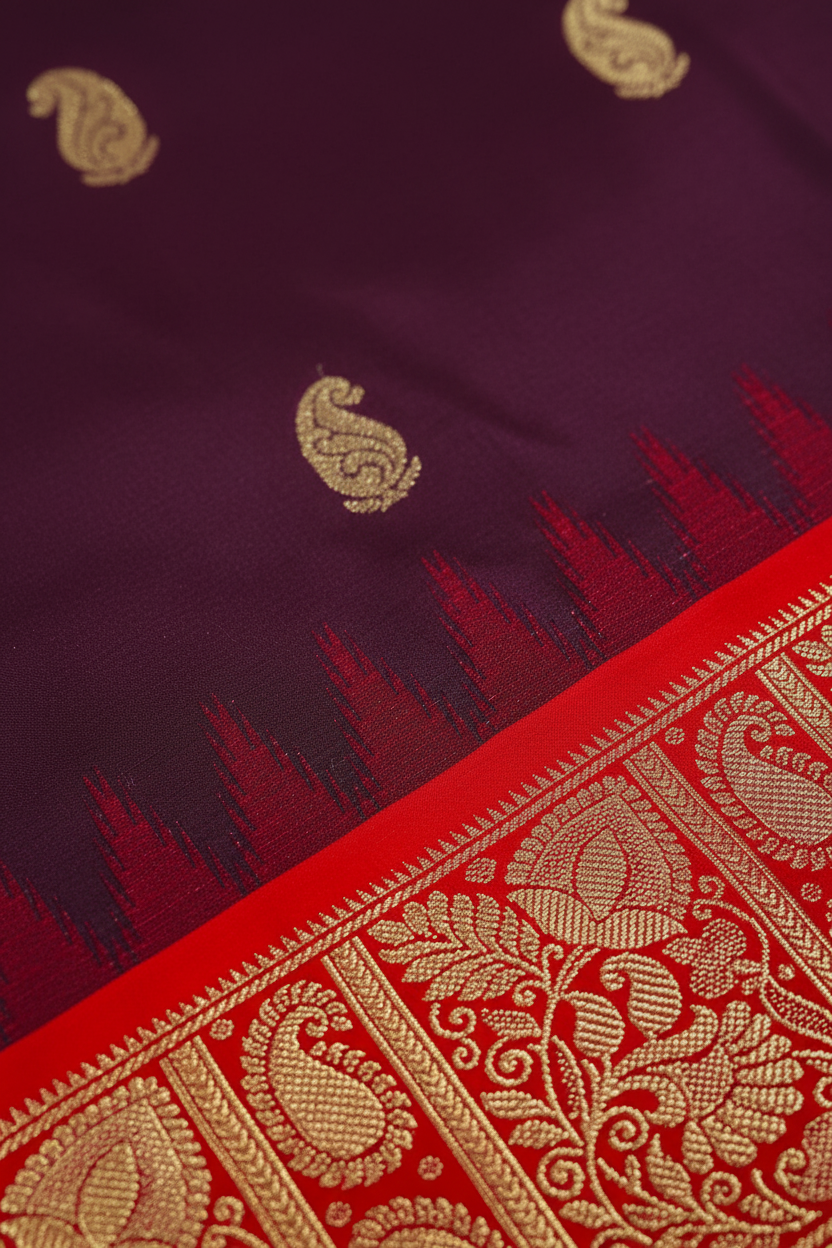 Burgundy Pure Kanjeevaram Silk Saree with Red Border & Pallu