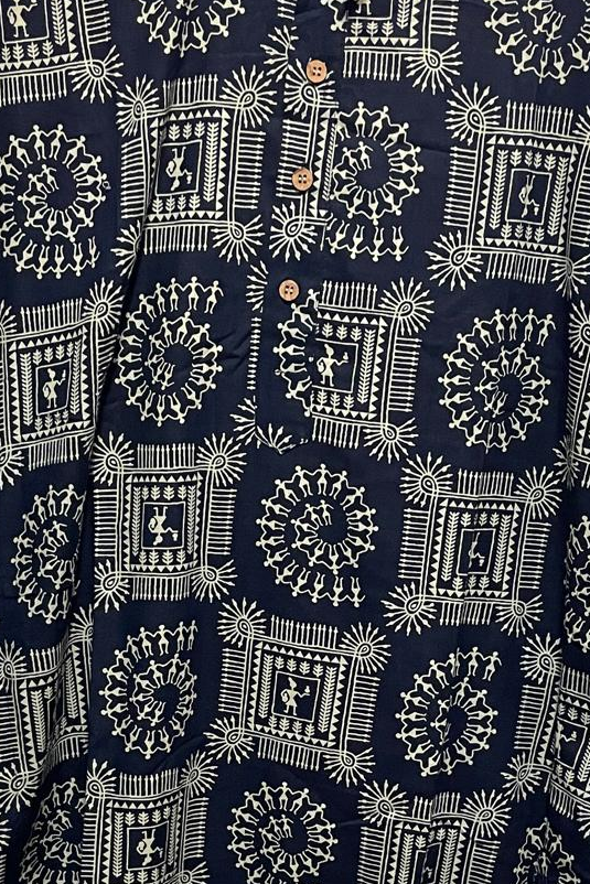 Men's Navy Blue Warli Print Cotton Kurta Pant Set