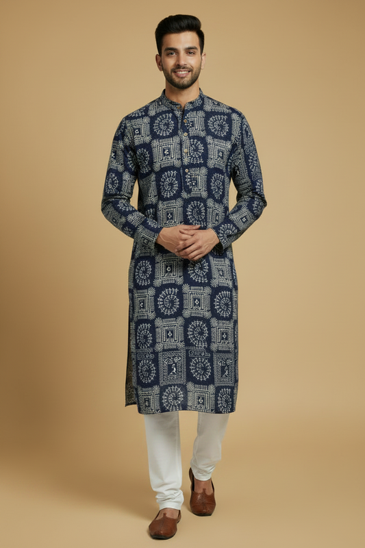 Men's Navy Blue Warli Print Cotton Kurta Pant Set
