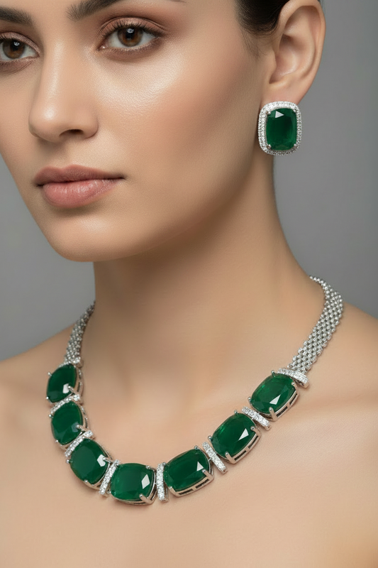 Emerald Green AD Rhodium Finish Necklace Set