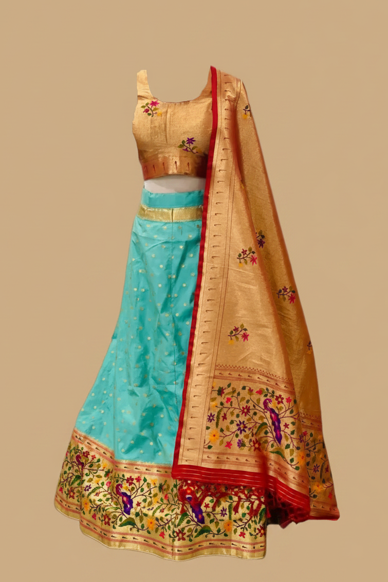 Turquoise Blue-Green Paithani Silk Lehenga Set