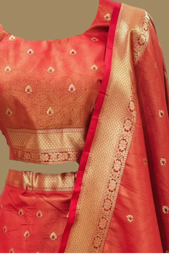 Rust Red Silk Tissue Lehenga Set