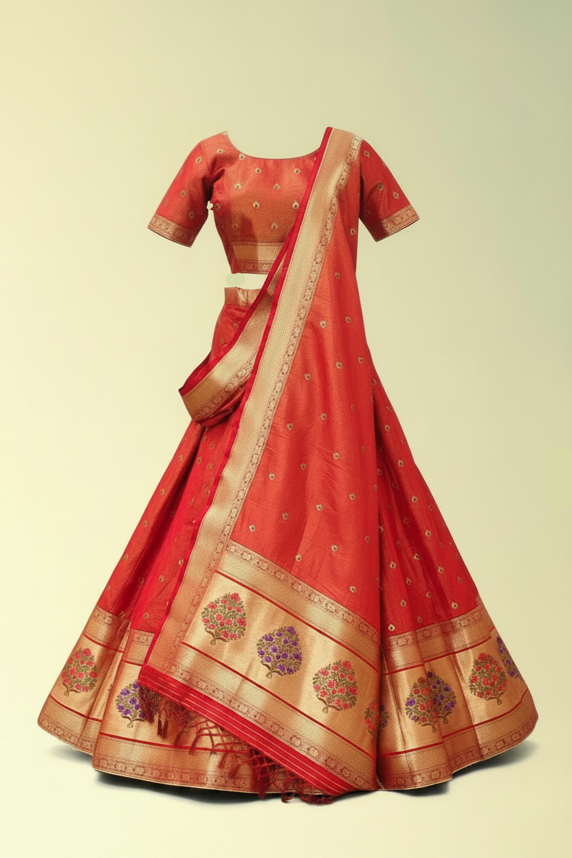 Rust Red Silk Tissue Lehenga Set