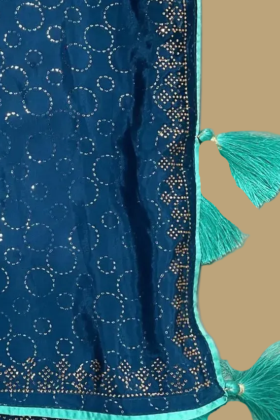 Teal Blue Satin Saree with Stonework Border