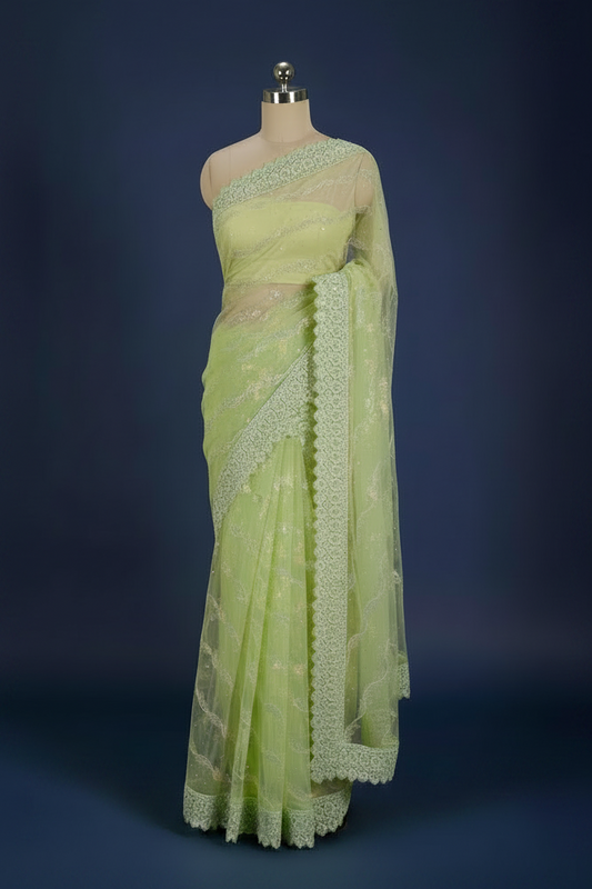 Mint Green Embellished Net Saree With Lace Border