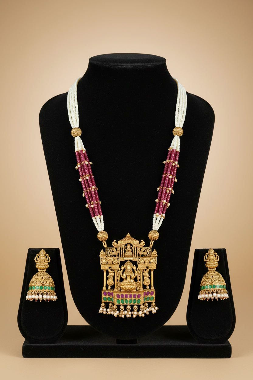 Antique Gold Lakshmi ji Temple Necklace & Jhumkas Set