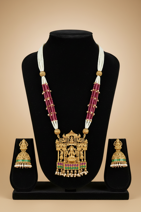 Antique Gold Lakshmi ji Temple Necklace & Jhumkas Set