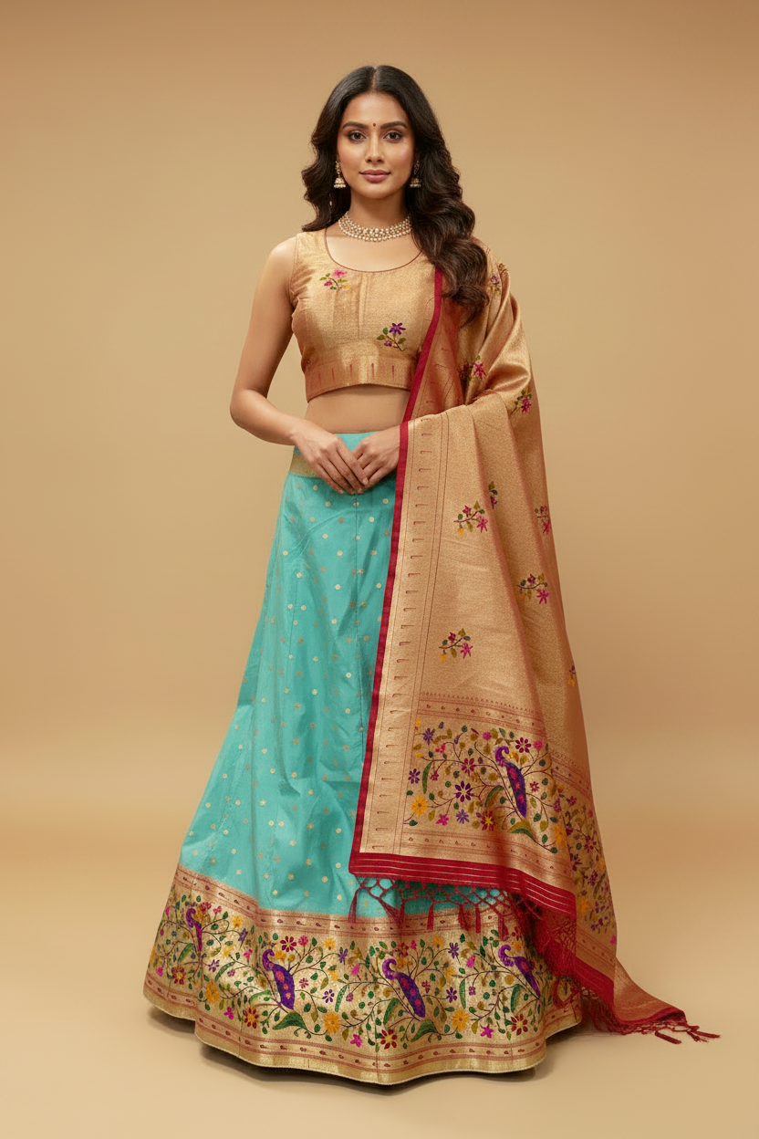 Turquoise Blue-Green Paithani Silk Lehenga Set