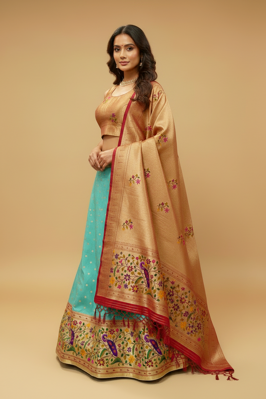 Turquoise Blue-Green Paithani Silk Lehenga Set