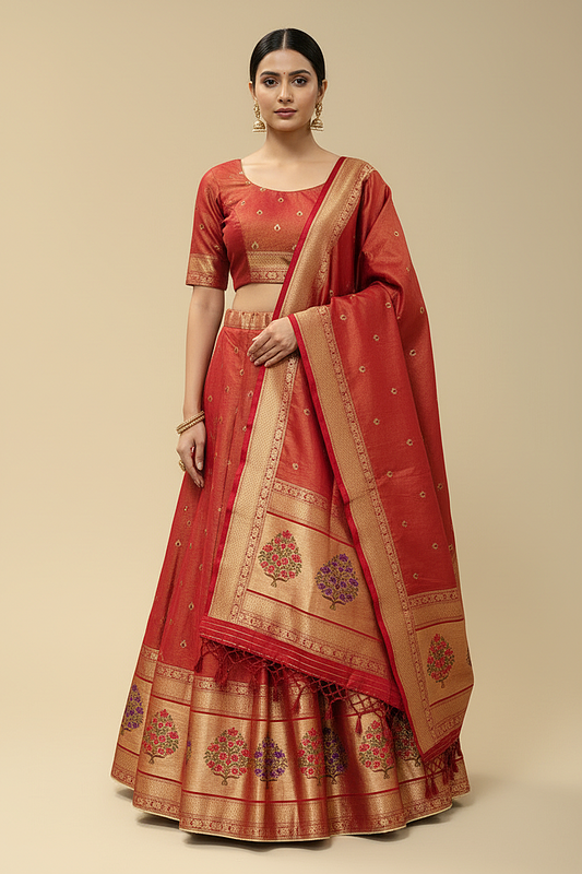 Rust Red Silk Tissue Lehenga Set