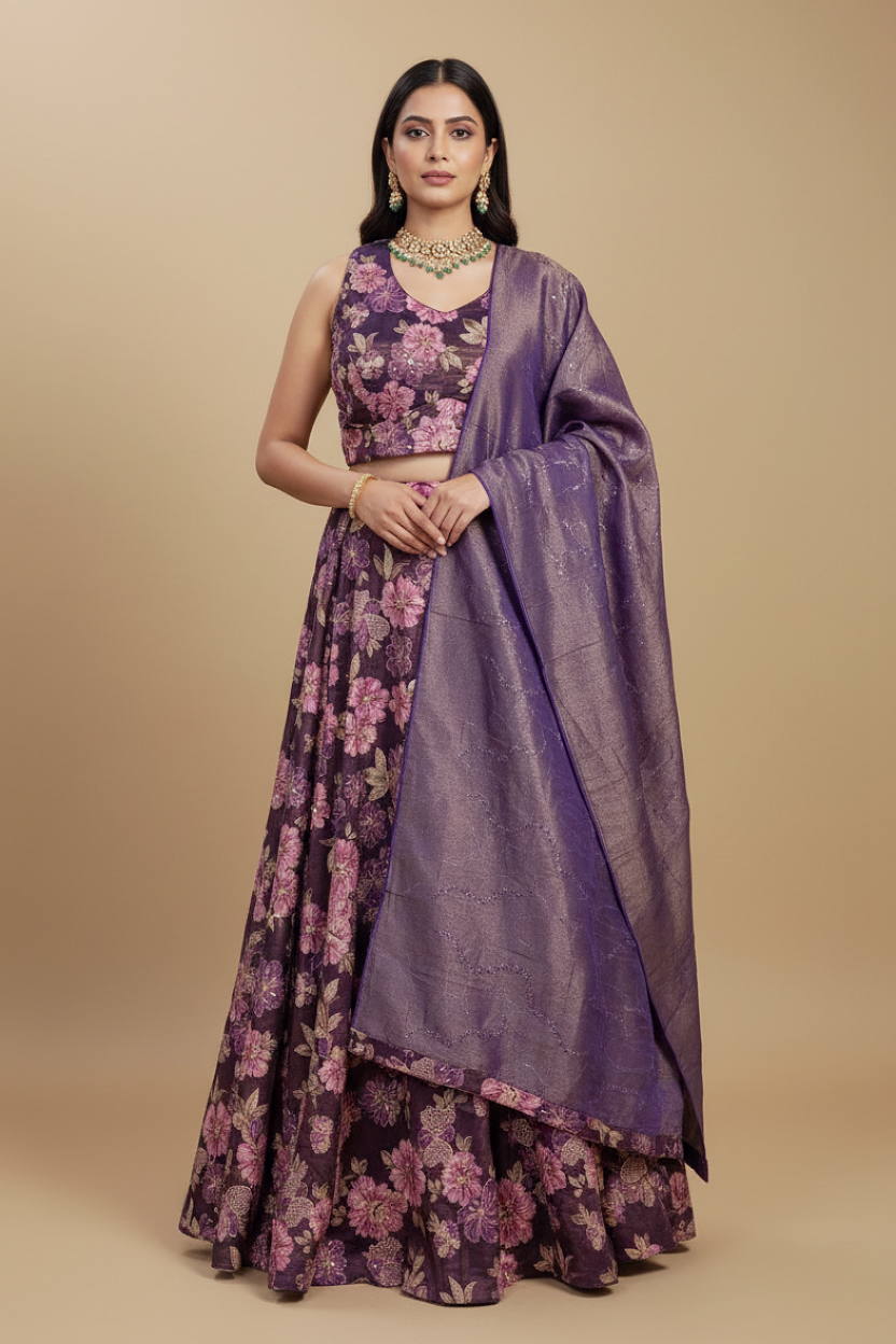 Purple Floral Georgette Lehenga Set