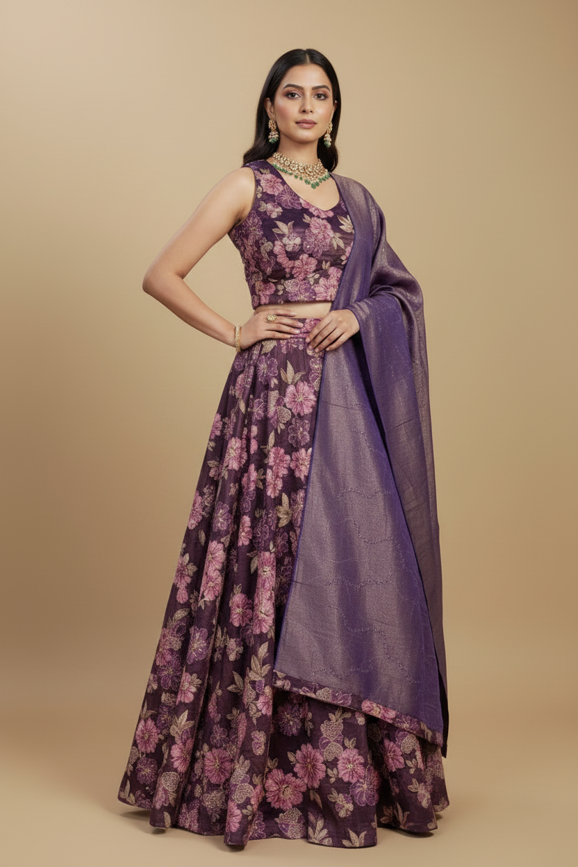 Purple Floral Georgette Lehenga Set