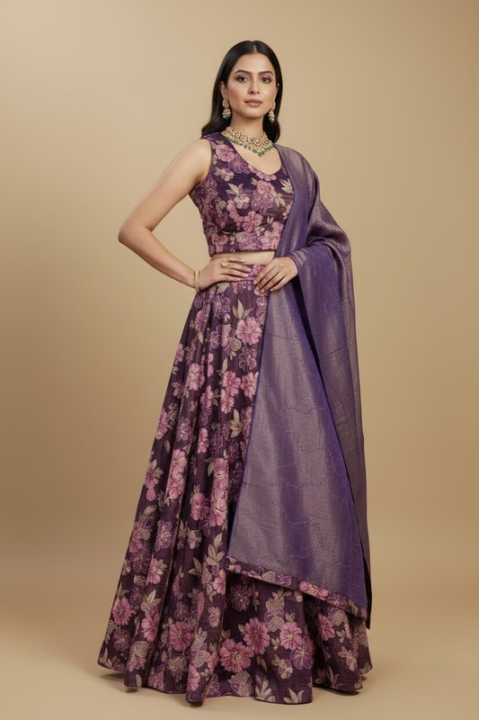 Purple Floral Georgette Lehenga Set