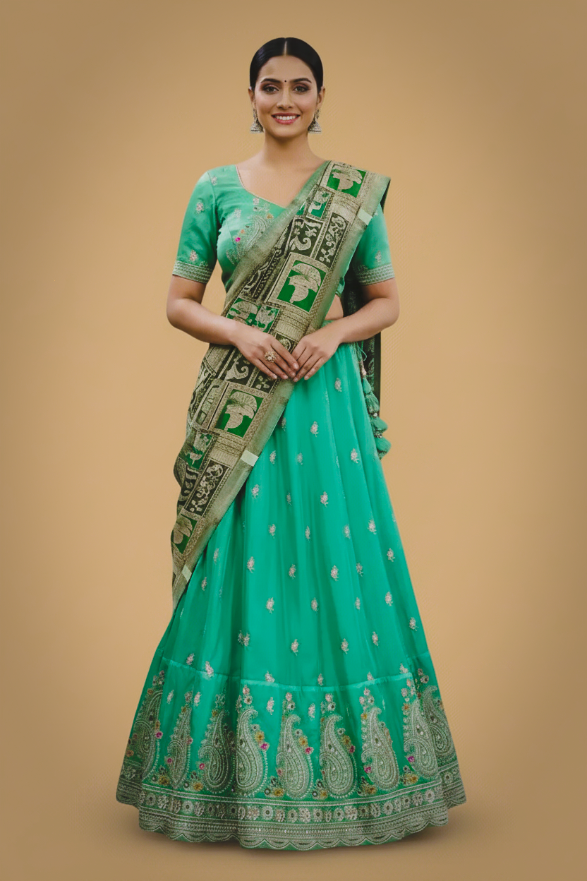 Sea Green Silk Embroidery Lehenga Set with Banarasi Dupatta