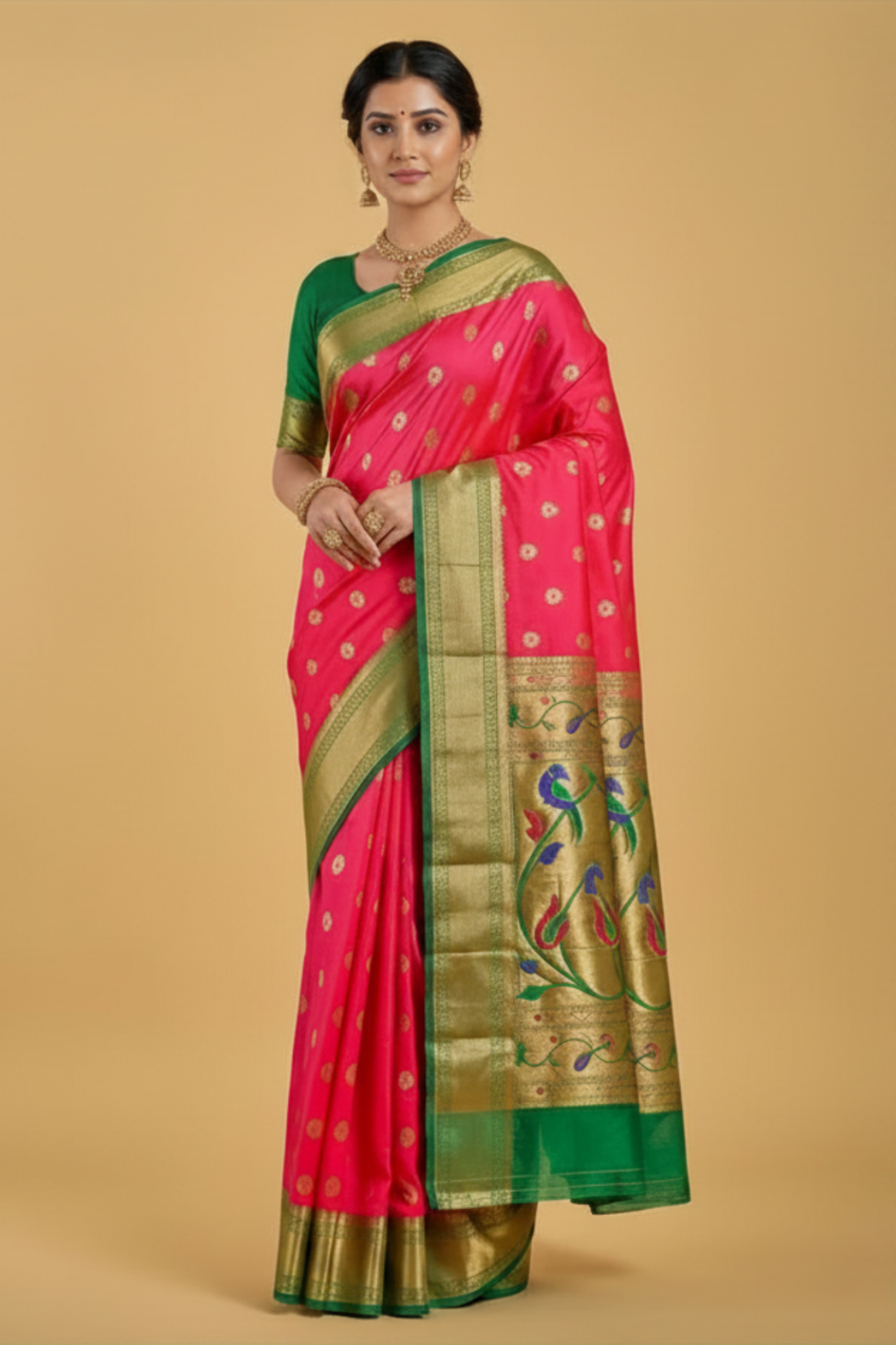Pink Paithani Pure Silk Saree with Green Border
