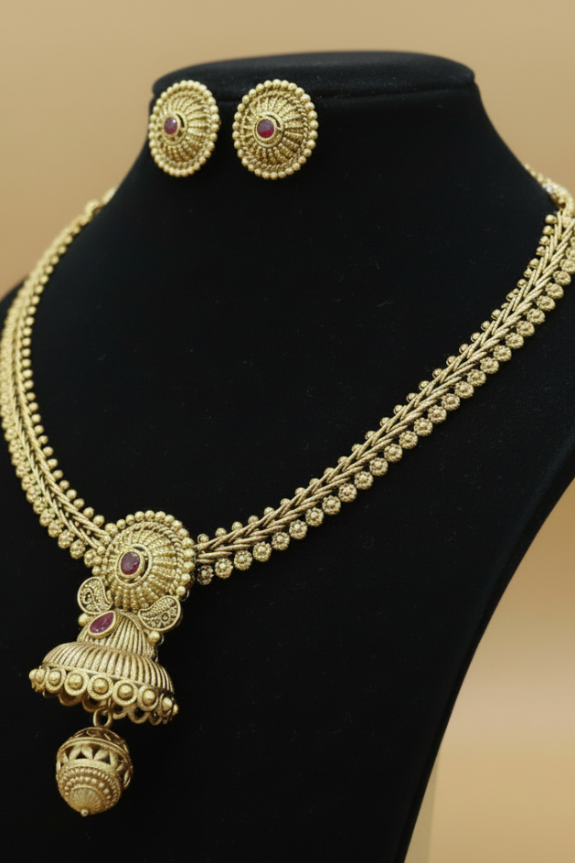 Antique Gold Ruby Stone Jhumka Pendant Necklace & Earrings Set