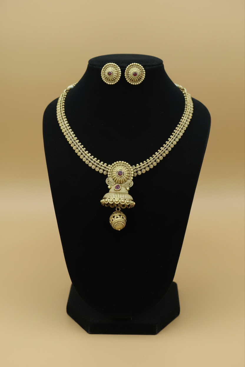 Antique Gold Ruby Stone Jhumka Pendant Necklace & Earrings Set