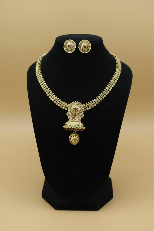 Antique Gold Ruby Stone Jhumka Pendant Necklace & Earrings Set