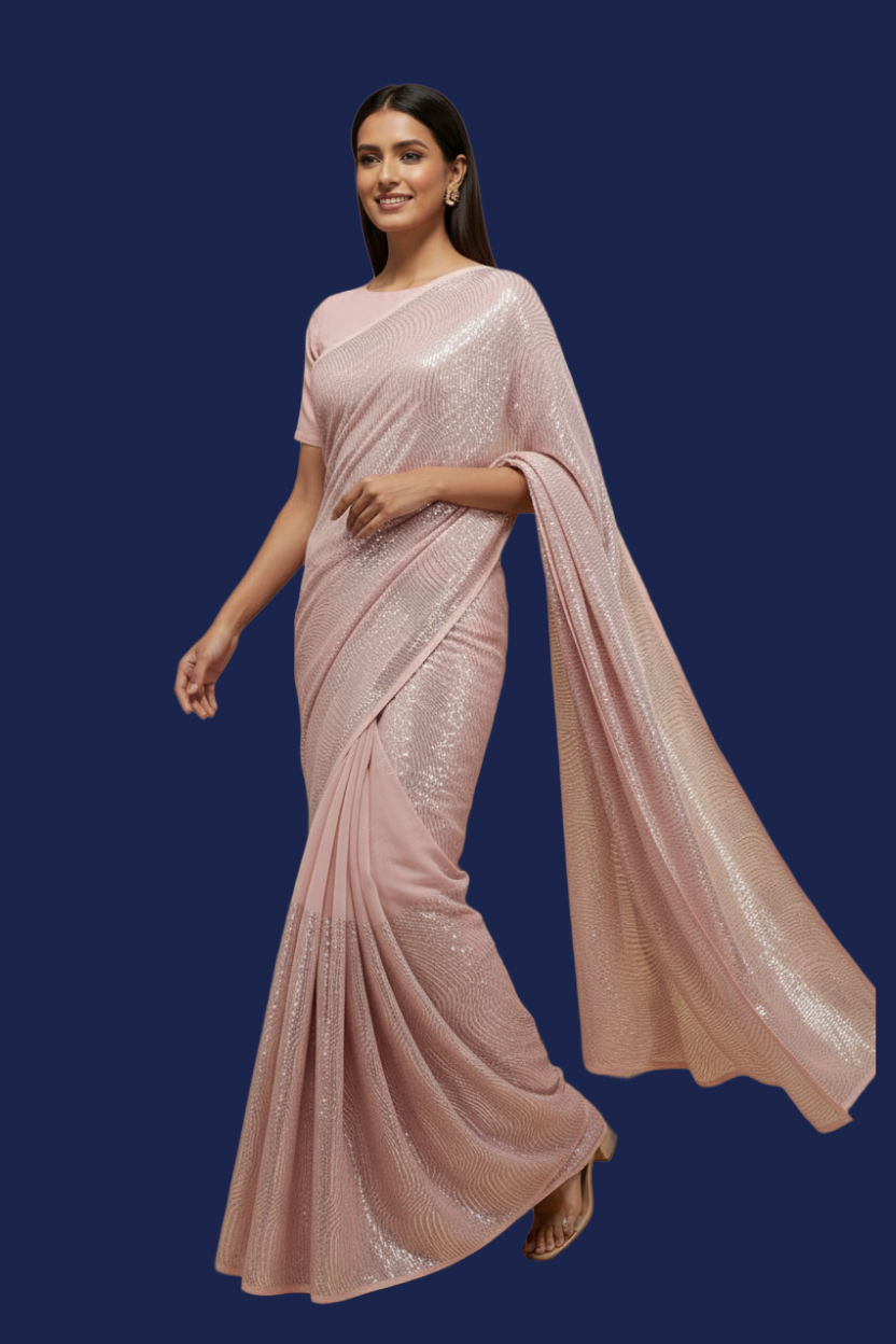 Lavender-Pink Sequin Georgette Saree