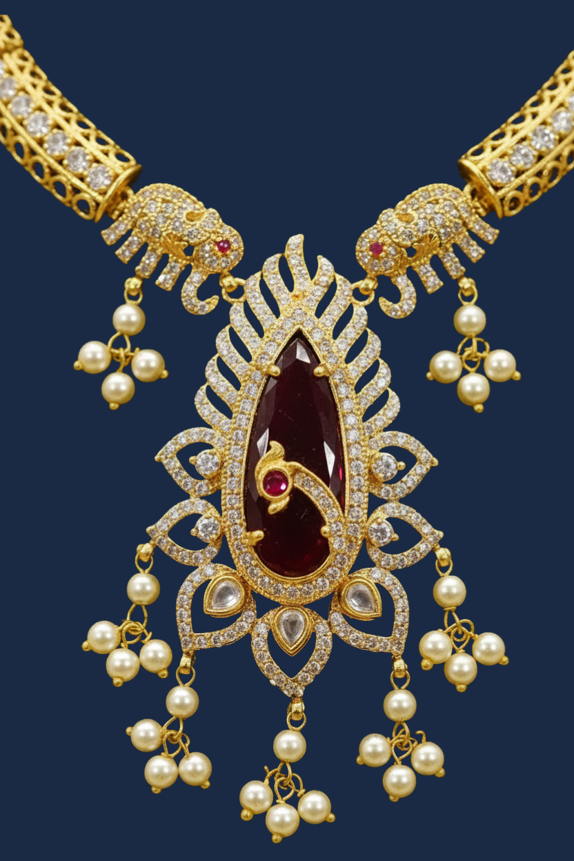 Gold Finish Peacock & Elephant AD Necklace & Earrings Set with Ruby Red Stone