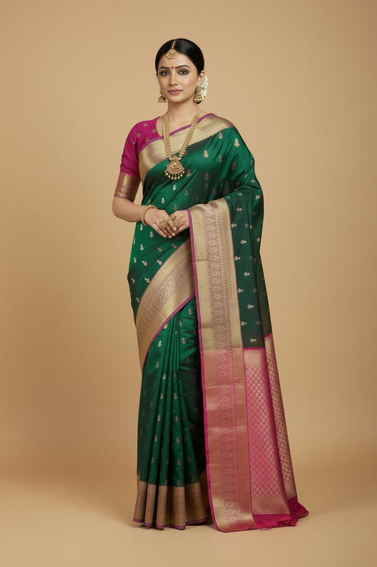 Green Pure Kanjeevaram Silk Saree with Purple Border and Pink Pallu