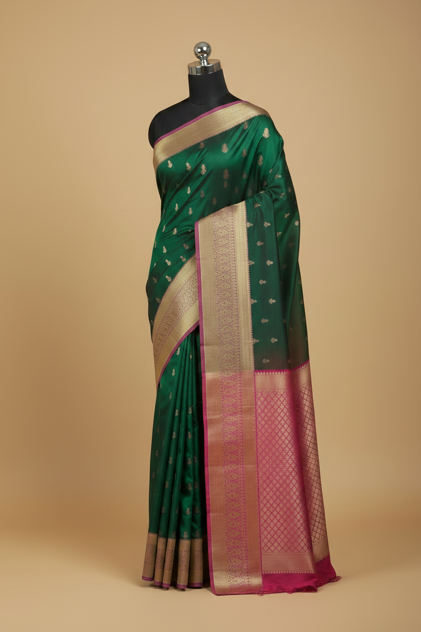 Green Pure Kanjeevaram Silk Saree with Purple Border and Pink Pallu