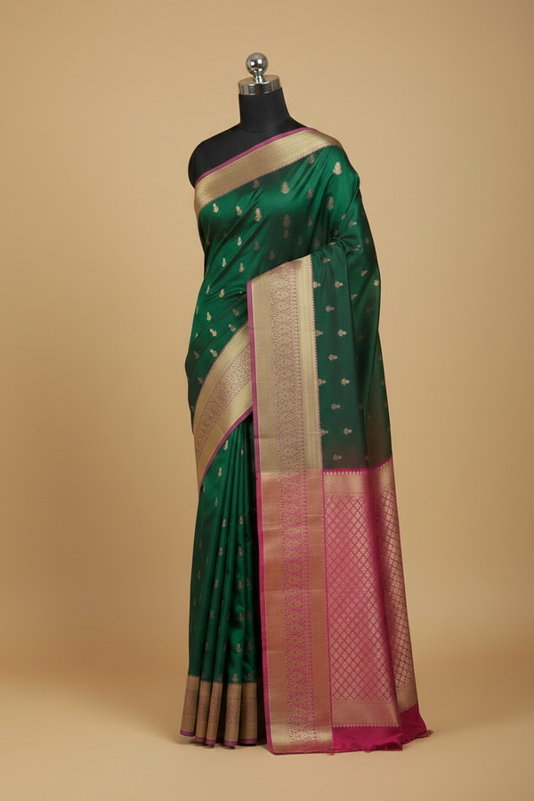Green Pure Kanjeevaram Silk Saree with Purple Border and Pink Pallu