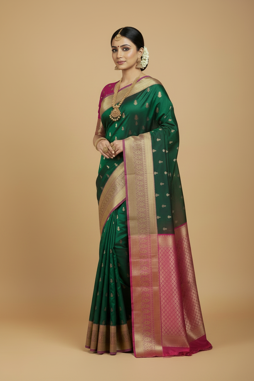 Green Pure Kanjeevaram Silk Saree with Purple Border and Pink Pallu