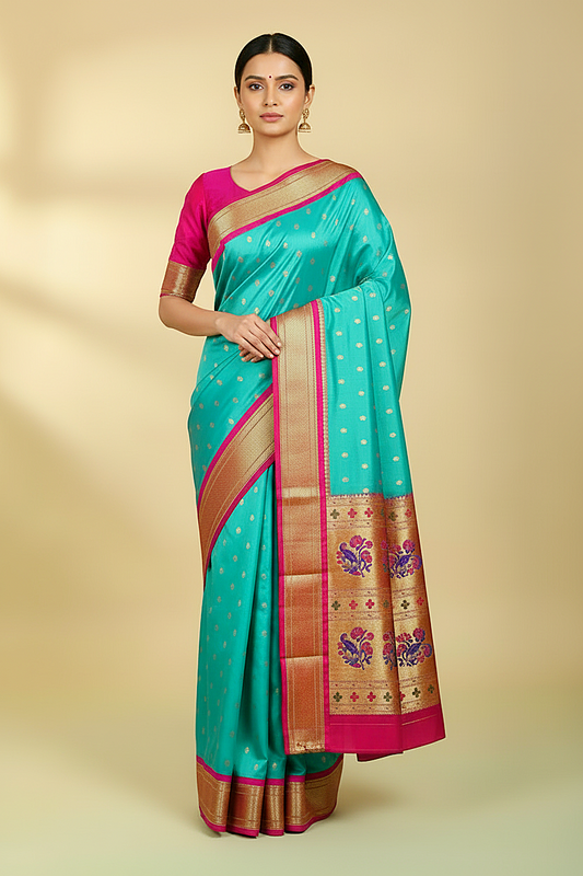 Turquoise Blue-Green Paithani Pure Silk Saree With Magenta Pink Border