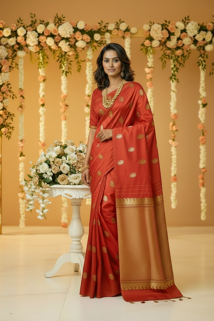 Red Borderless Pure Kanjeevaram Silk Saree with Gold & Silver Peacock Zari Butis