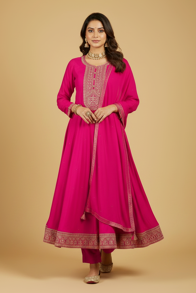 Hot Pink Silk Anarkali Set with Embroidery and Stonework