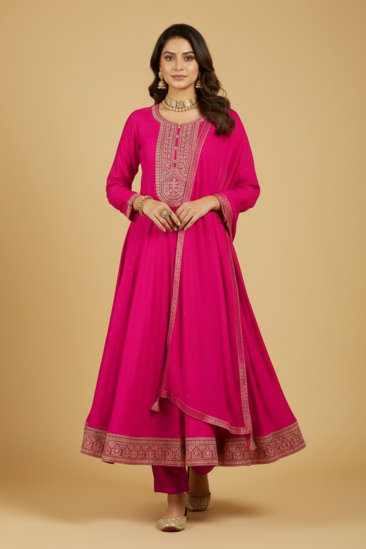 Hot Pink Silk Anarkali Set with Embroidery and Stonework
