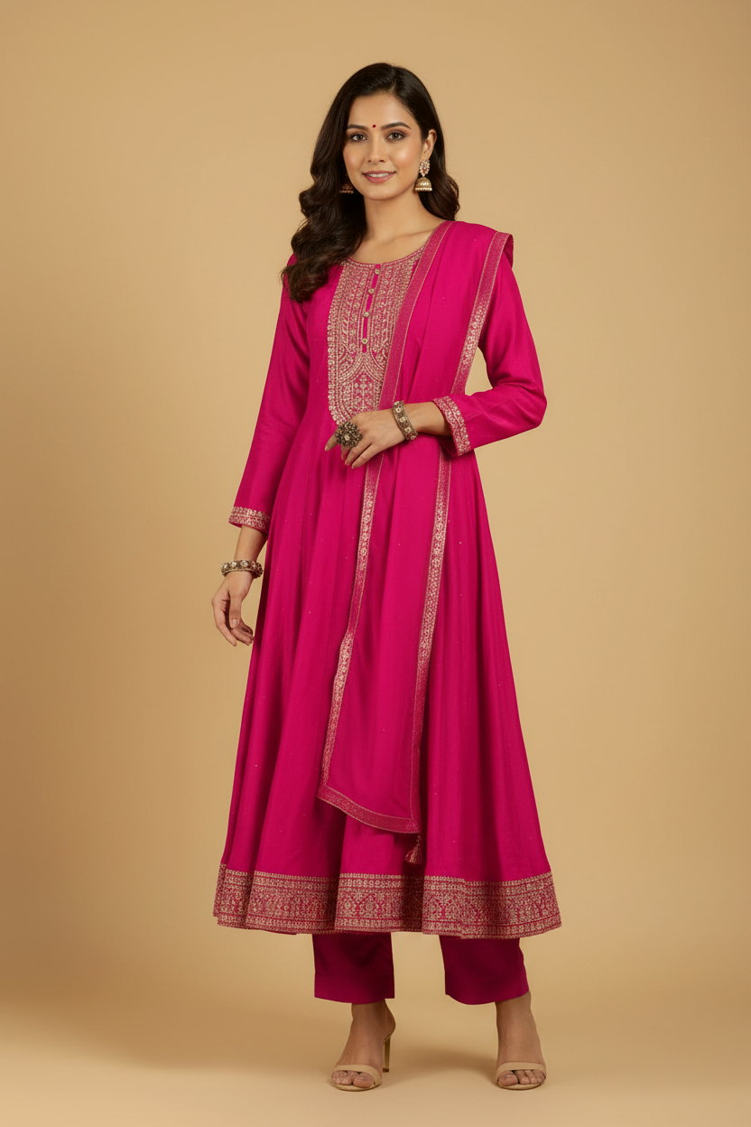 Hot Pink Silk Anarkali Set with Embroidery and Stonework