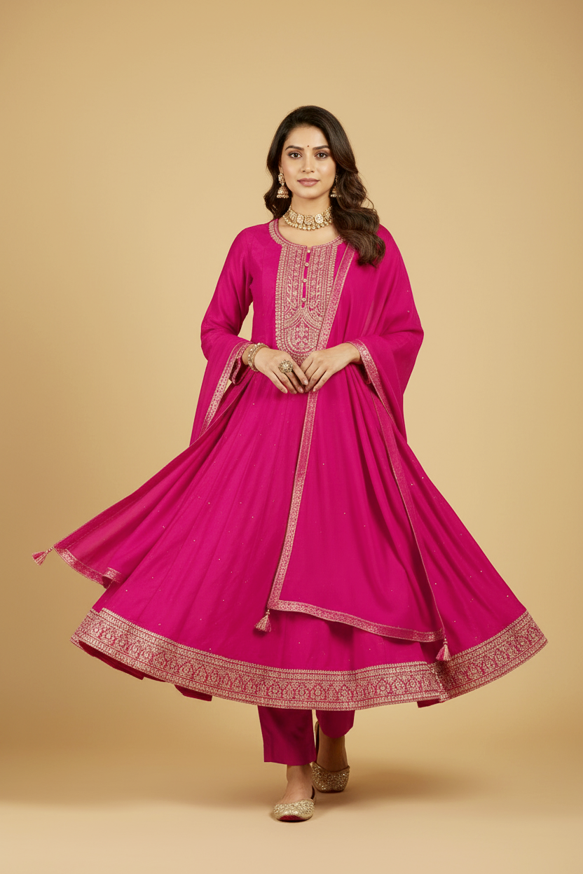 Hot Pink Silk Anarkali Set with Embroidery and Stonework