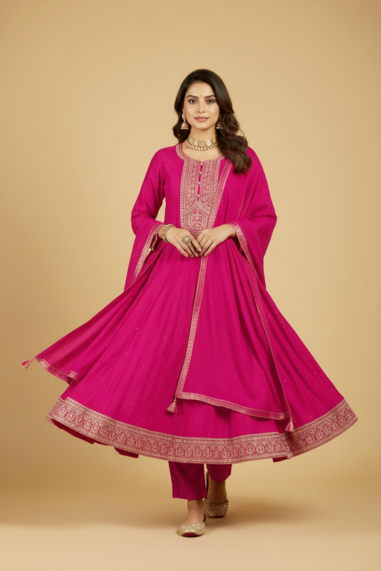 Hot Pink Silk Anarkali Set with Embroidery and Stonework