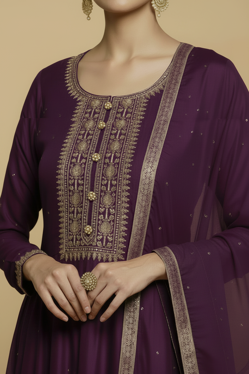 Deep Purple Silk Anarkali Set with Embroidery and Stone Work Dupatta