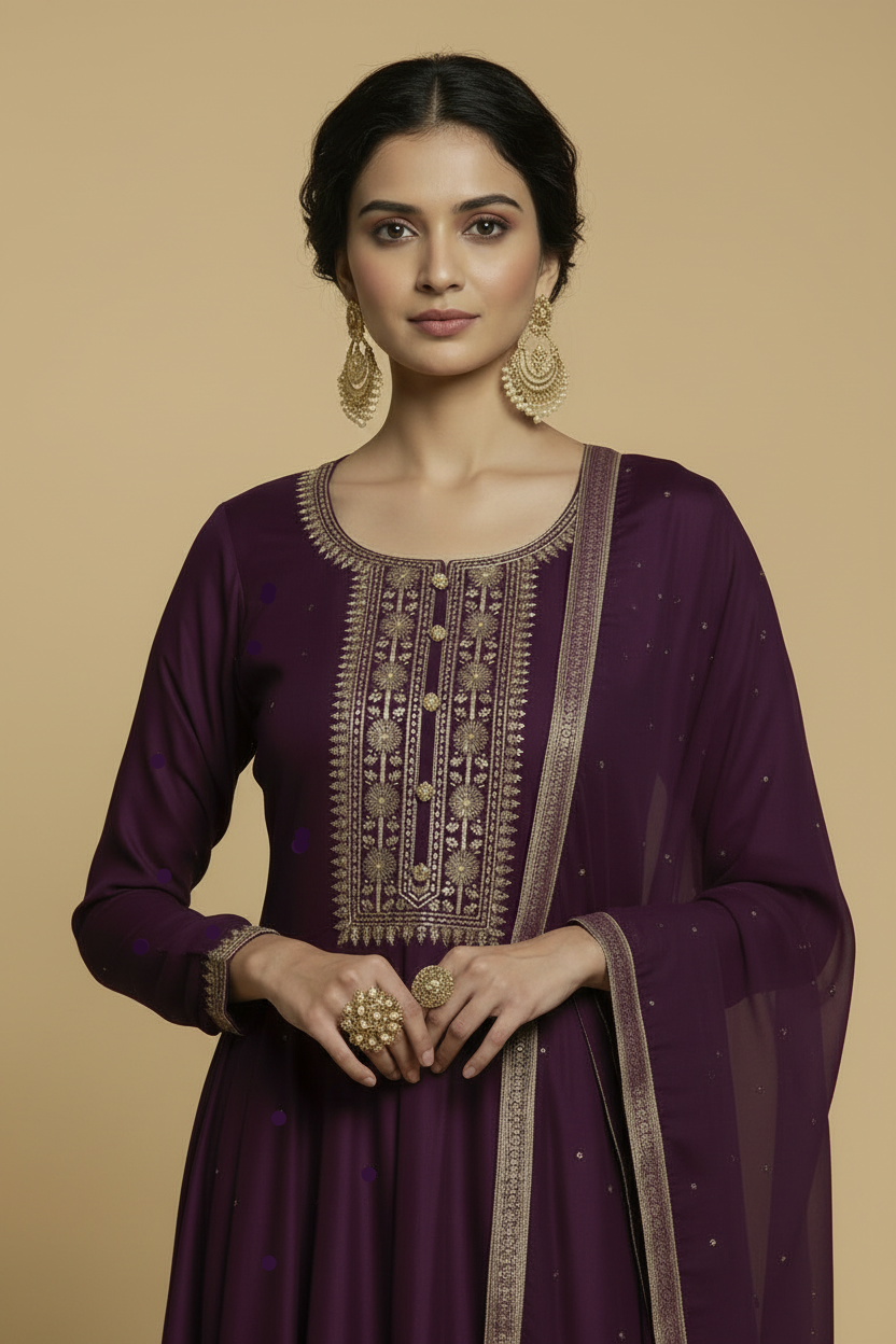 Deep Purple Silk Anarkali Set with Embroidery and Stone Work Dupatta