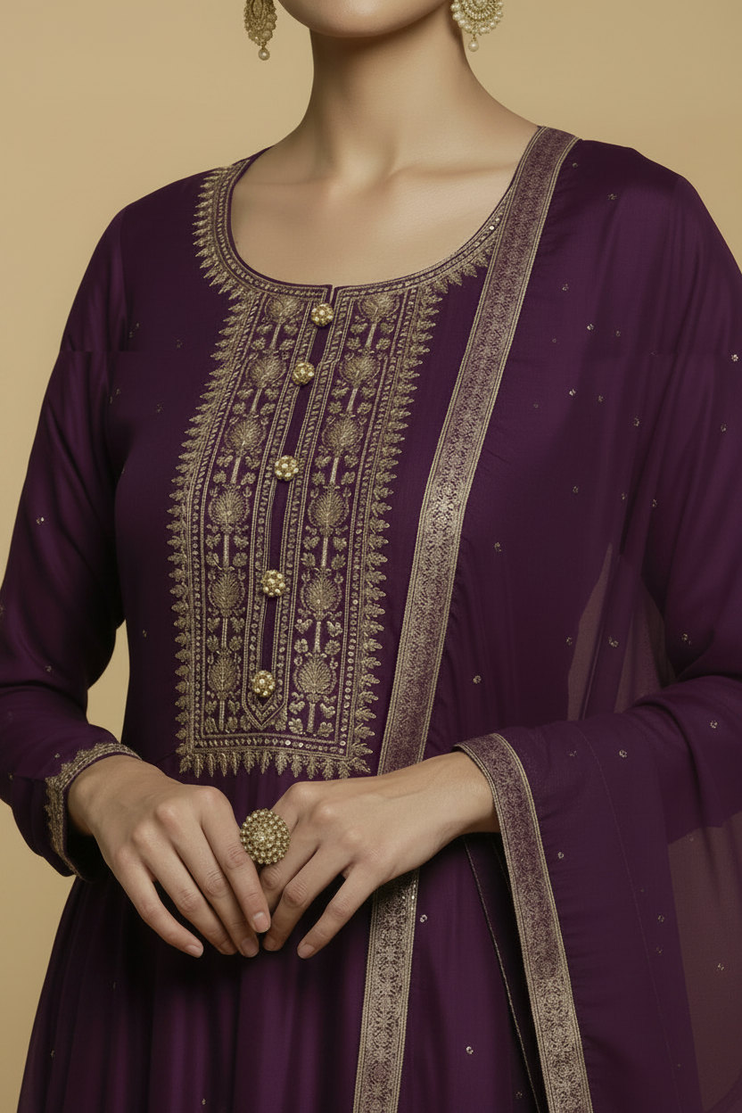 Deep Purple Silk Anarkali Set with Embroidery and Stone Work Dupatta